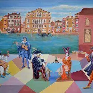A mural depicting musicians playing in Venice, capturing the vibrant atmosphere of the city's artistic culture.