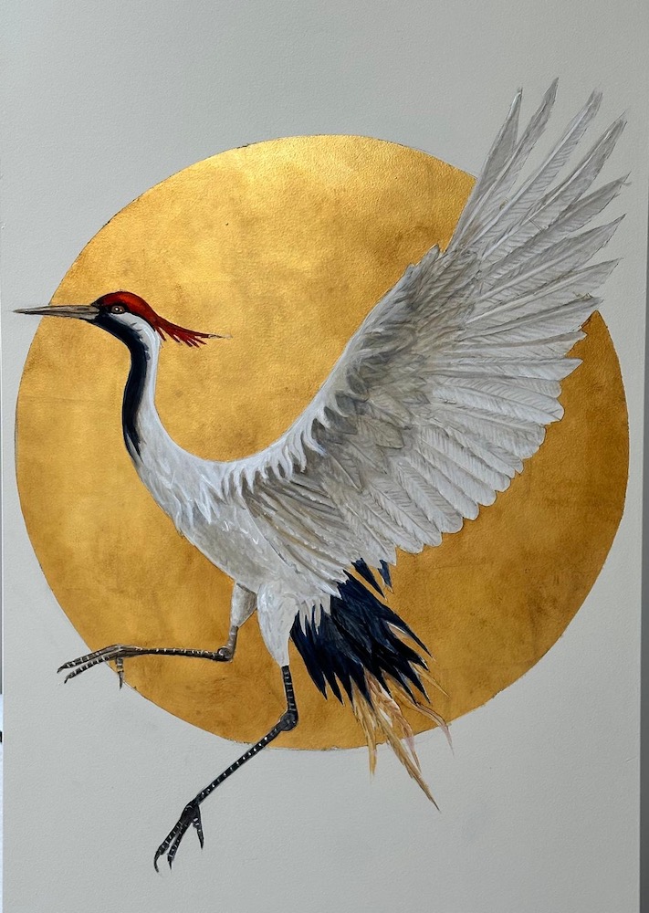 Paited Crane mural over gold leaf