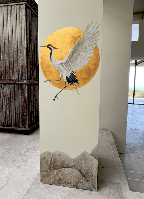 Mural of Flying crane over gold leaf moon