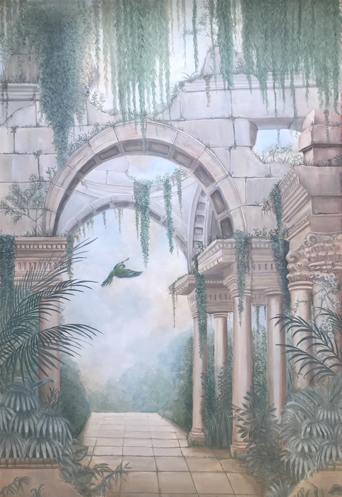 A vibrant mural depicting a garden scene with a bird soaring through, located in London